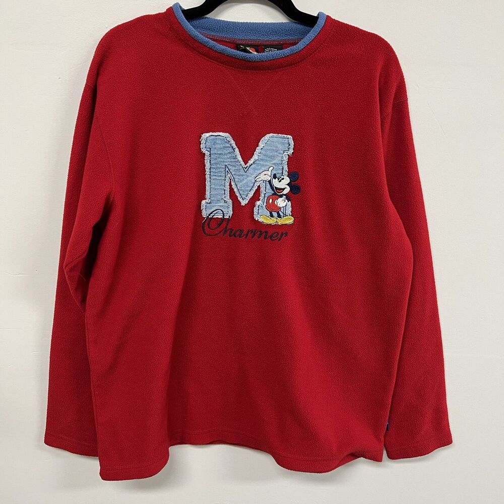 Vintage Y2K Mickey Charmer Red Fleece Pullover L Disney Jerry Leigh Embroidered